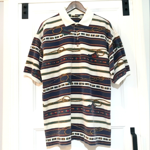 Bugle Boy Vintage Mens L Nautical Polo Shirt Collared Short Sleeve Rope Flags - Picture 1 of 11